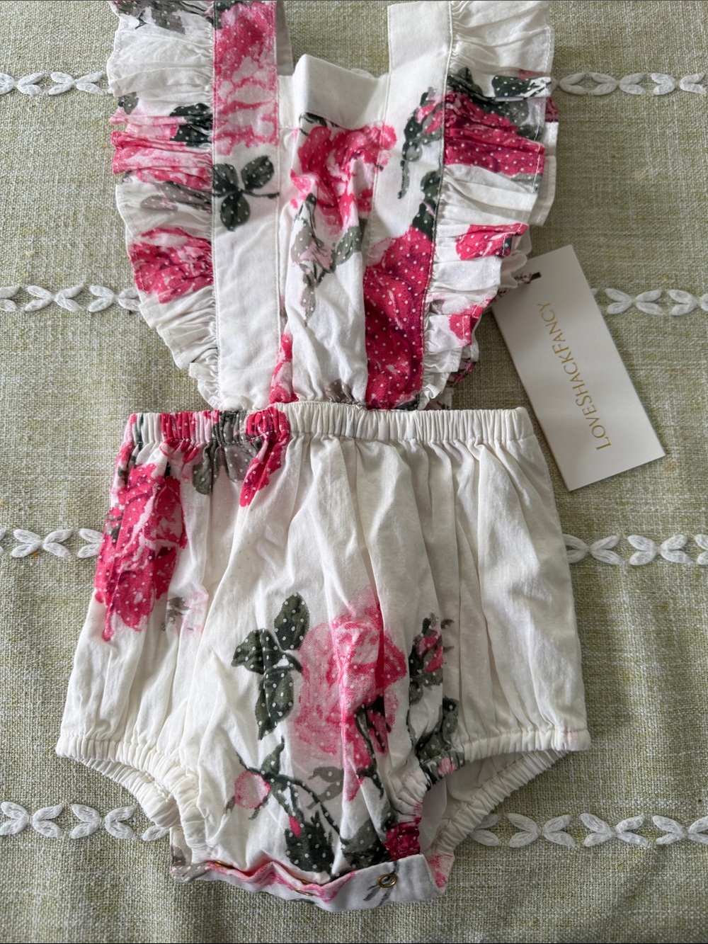 LoveShackFancy White Floral Ruffle Baby Romper with Pink Roses - 3-6 months